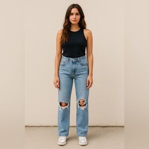 Mother The Mid Rise Rambler Zip Flood Jeans Ripped Light Wash Size 27